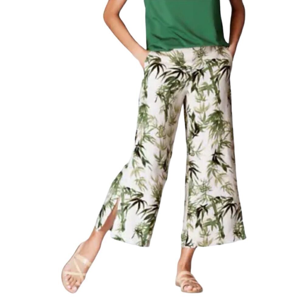J Jill Linen Blend Cropped Wide Leg Pants S Bamboo Leaves Cream Green